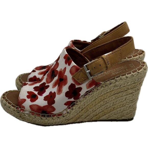 TOMS Sandals Womens 8 Monica Poppy Casual Slingback Wedge Red Floral 10013451 - Picture 4 of 8